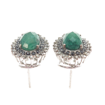 925 Sterling Silver Real Black & White Diamond Emerald Omega Back Earrings