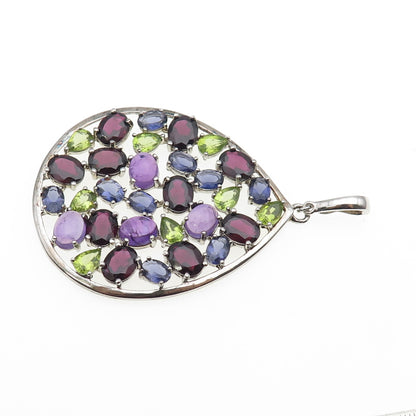 925 Sterling Silver Real Amethyst Iolite & Peridot Cluster Teardrop Pendant