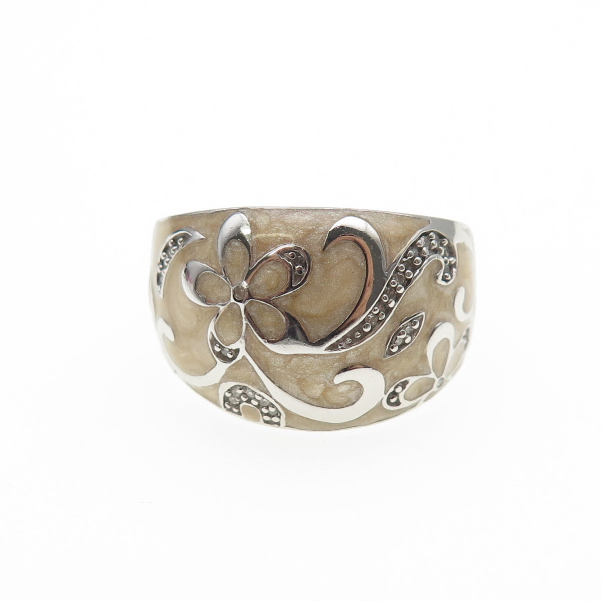 JANE SEYMOUR 925 Sterling Silver Enamel Real Diamond Flower Ring Size 8.25