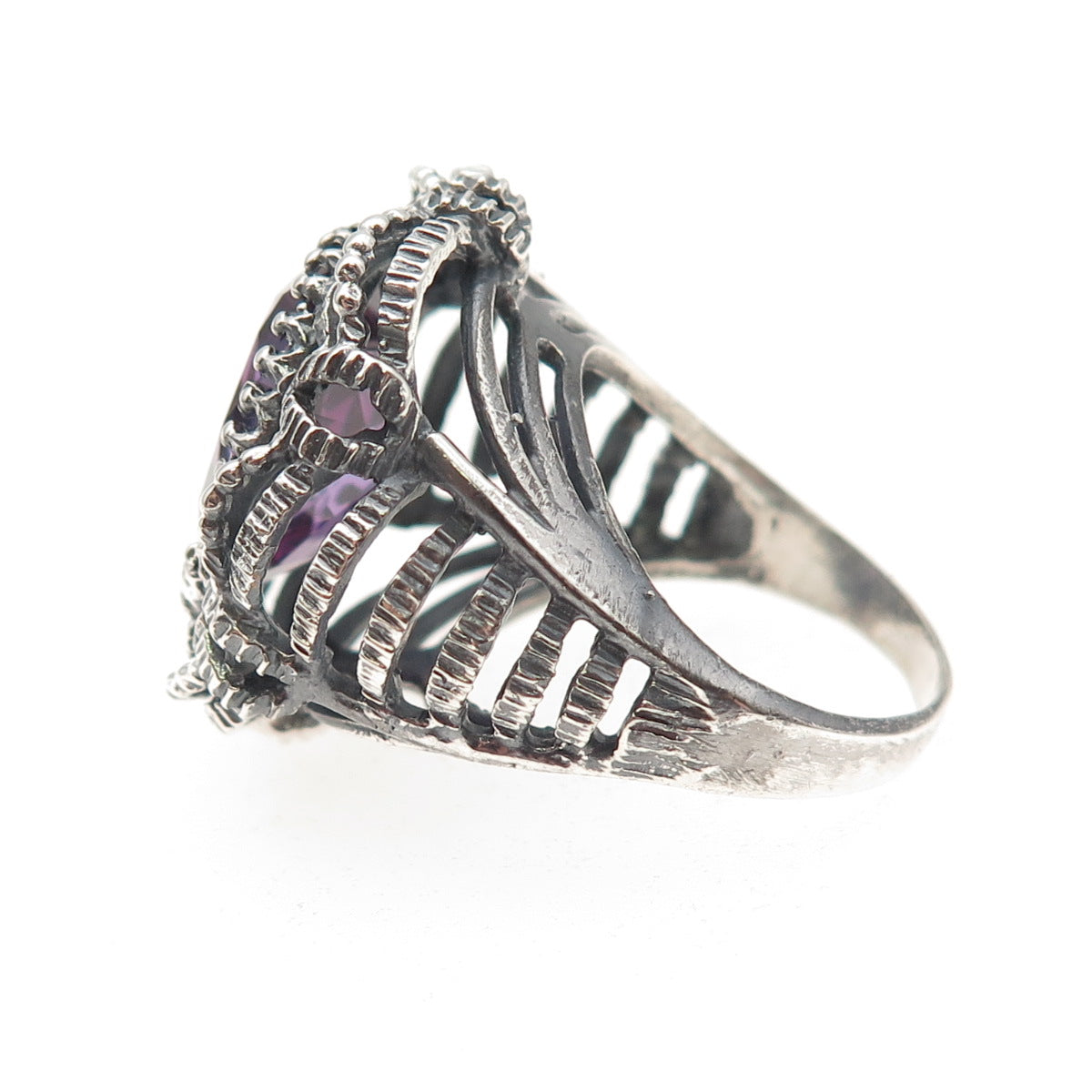 925 Sterling Silver Vintage Lab-Created Peacock Sapphire Oxidized Ring Size 7.5