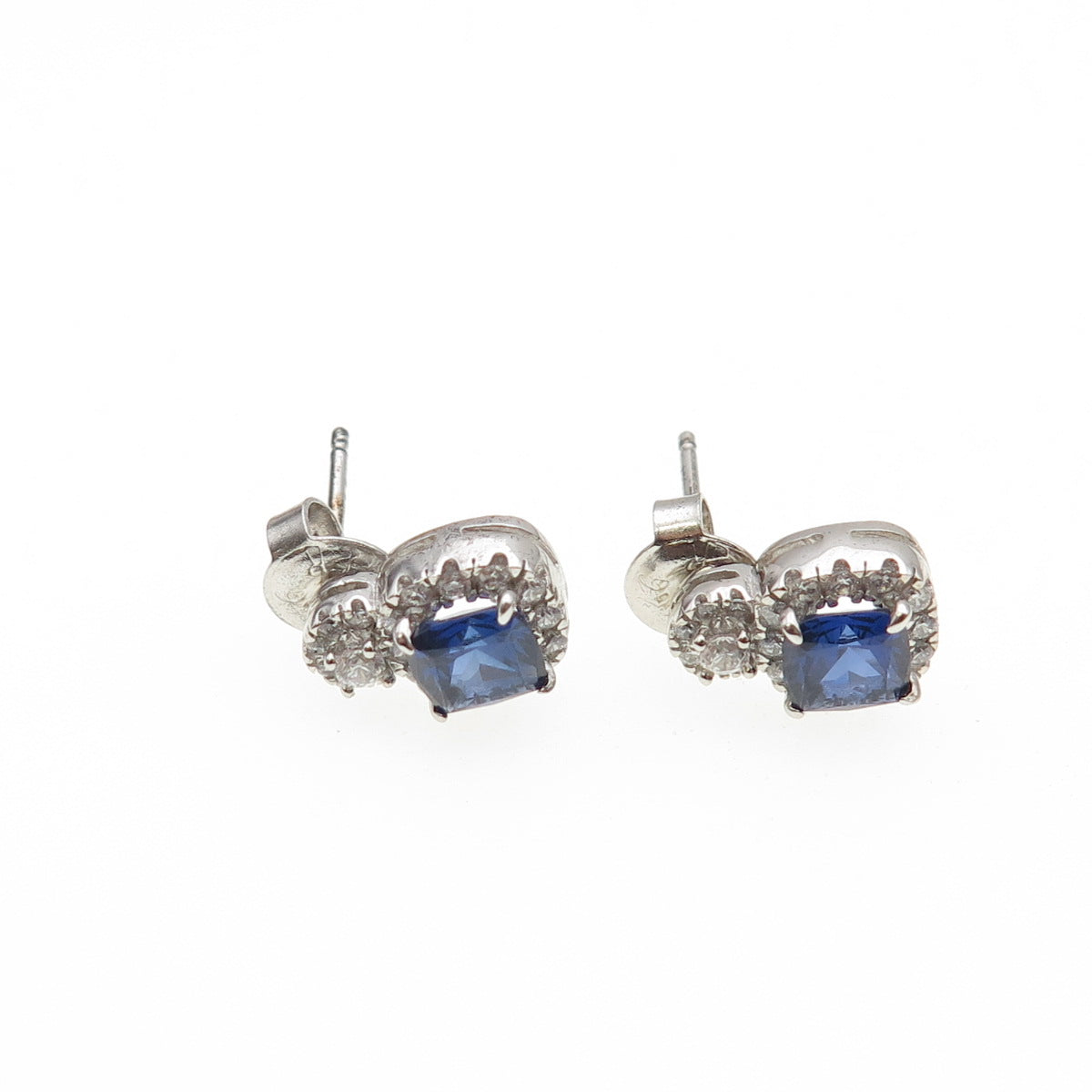 925 Sterling Silver Cushion-Cut Blue & Round-Cut White C Z Stud Earrings