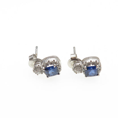 925 Sterling Silver Cushion-Cut Blue & Round-Cut White C Z Stud Earrings