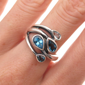 925 Sterling Silver Vintage Real London Blue & White Topaz Oxidized Ring Size 7