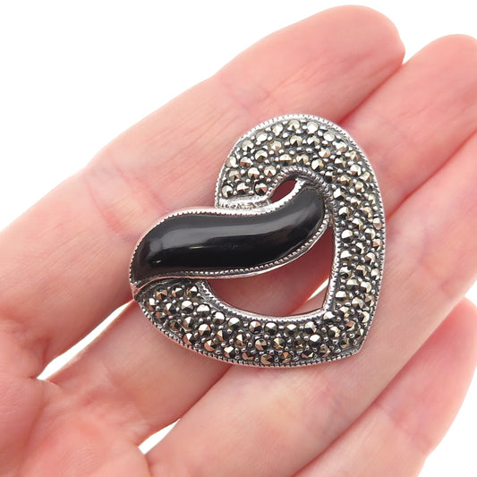 925 Sterling Silver Vintage Real Black Onyx Marcasite Heart Oxidized Pin Brooch