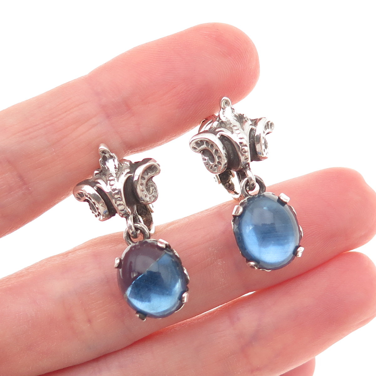 Cini 925 Sterling Silver Antique Art Deco Blue Glass Floral Clip On Earrings