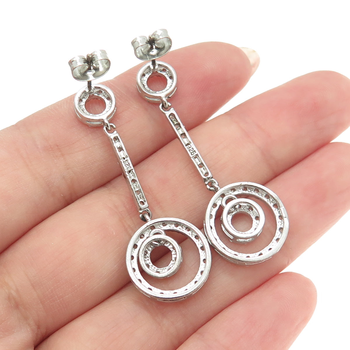 925 Sterling Silver Round-Cut C Z Circle Bar Drop Dangling Earrings