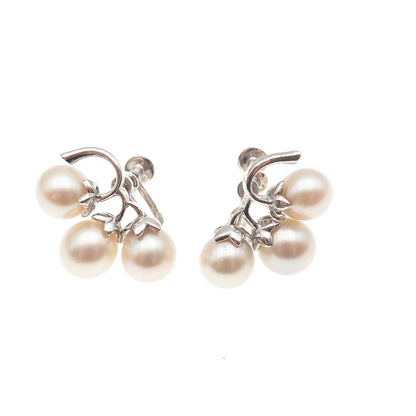 925 Sterling Silver Antique Japan Real Akoya Pearl Screw Back Earrings