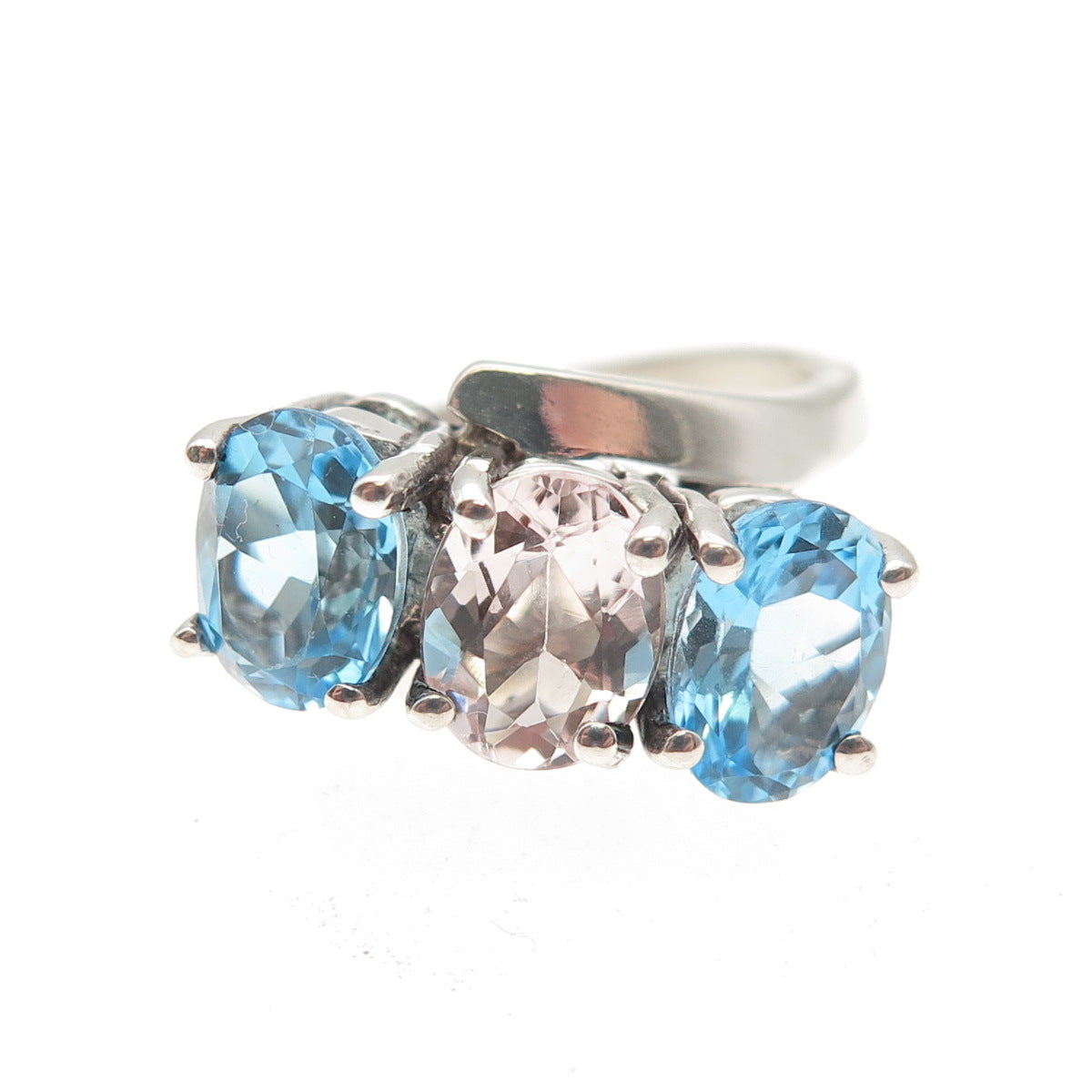 925 Sterling Silver Vintage Real Oval-Cut Blue Topaz & Kunzite Ring Size 6.75