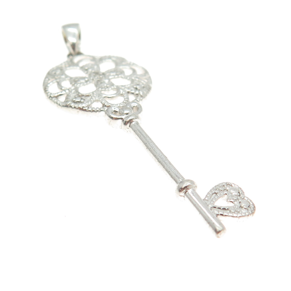 925 Sterling Silver Real White Diamond Ornate Key Pendant