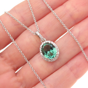 925 Sterling Silver Green & White C Z Cable Chain Necklace 18"