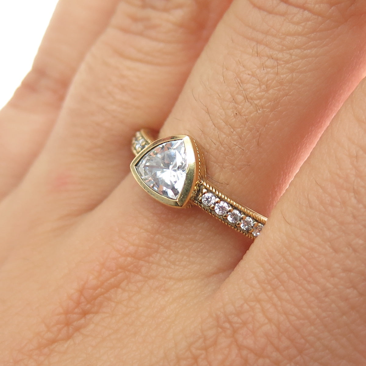 JUDITH RIPKA Sterling Silver Gold Plated Triangle & Round-Cut C Z Ring Size 10