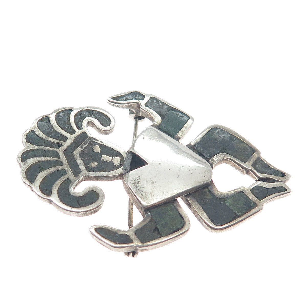 925 Sterling Silver Vintage Mexico Real Chrysocolla Inlay Aztec Warrior Brooch