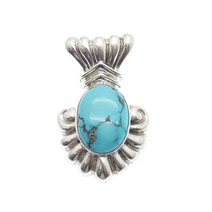 925 Sterling Silver Vintage Real Morenci Turquoise Ribbed Oxidized Slide Pendant