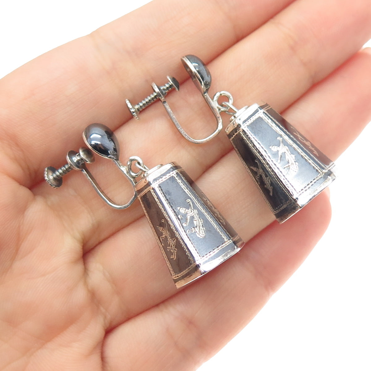925 Sterling Silver Antique Siam Niello Hindu Goddess Screw Back Dangle Earrings