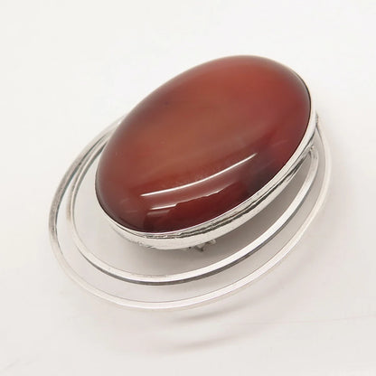 925 Sterling Silver Vintage Israel Real Red Agate Gemstone Pin Brooch / Pendant