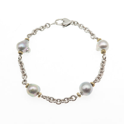 925 Sterling Silver 14K Gold Vintage Real Pearl By The Yard Bracelet 7.75"
