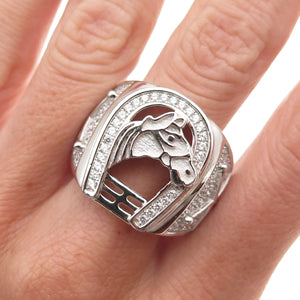 925 Sterling Silver Round-Cut C Z Horse & Horseshoe Ring Size 11.25