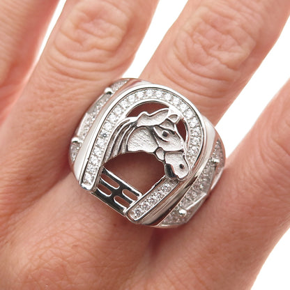 925 Sterling Silver Round-Cut C Z Horse & Horseshoe Ring Size 11.25