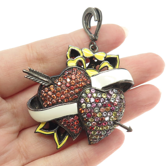 925 Sterling Silver Black Rhodium Enamel Real Multi-Color Sapphire Heart Pendant