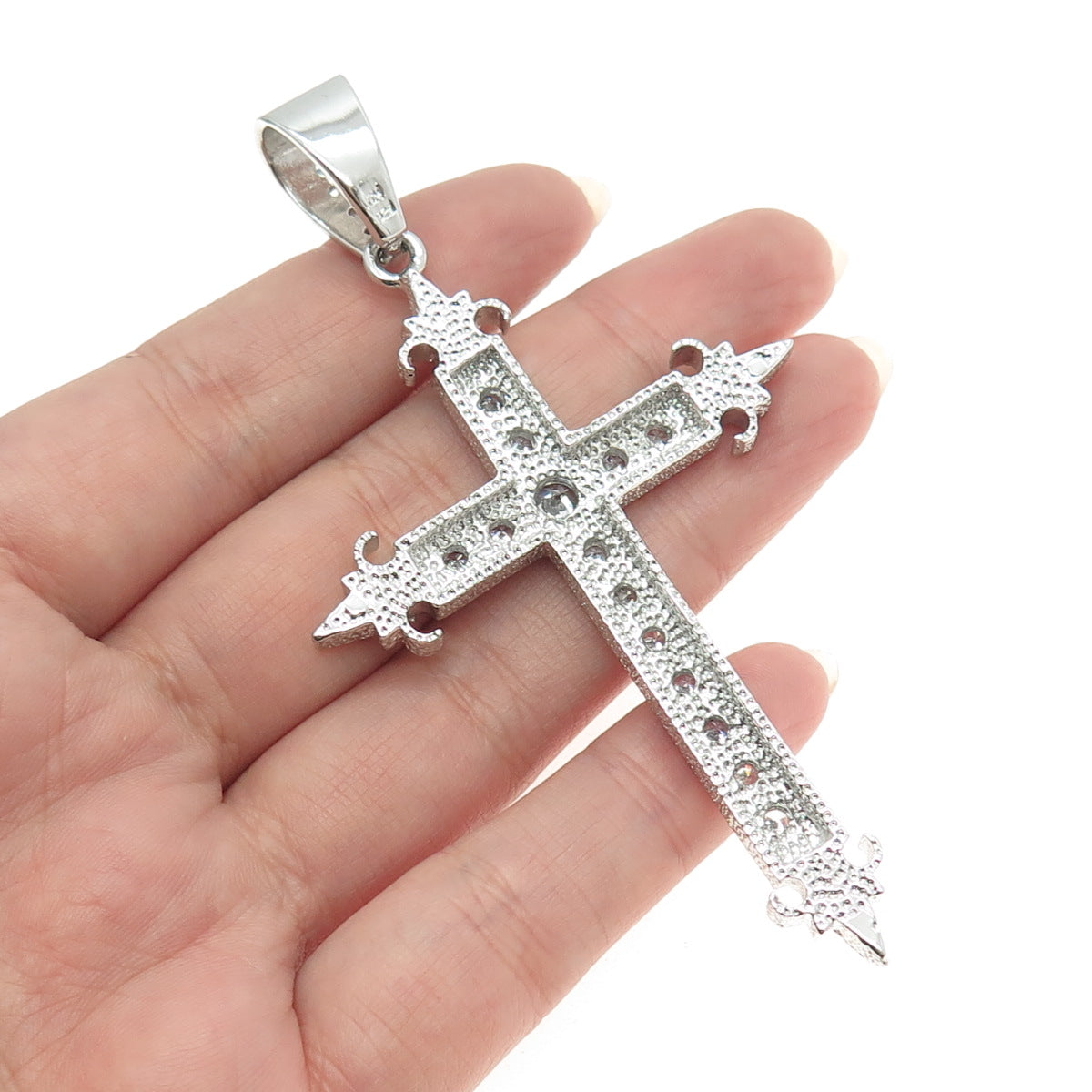 925 Sterling Silver Round-Cut Shaped C Z Fleur-de-Lis Cross Pendant