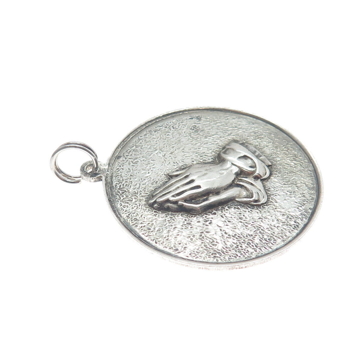 925 Sterling Silver Vintage Hands In Prayer Religious Oxidized Round Pendant