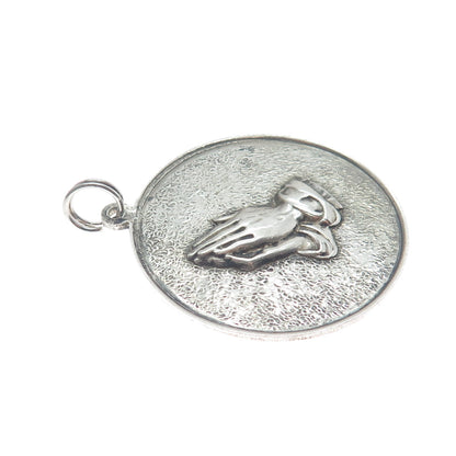 925 Sterling Silver Vintage Hands In Prayer Religious Oxidized Round Pendant