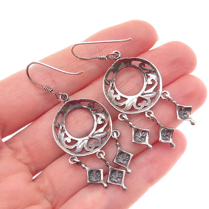 925 Sterling Silver Vintage Crescent Ornate Floral Oxidized Dangle Earrings