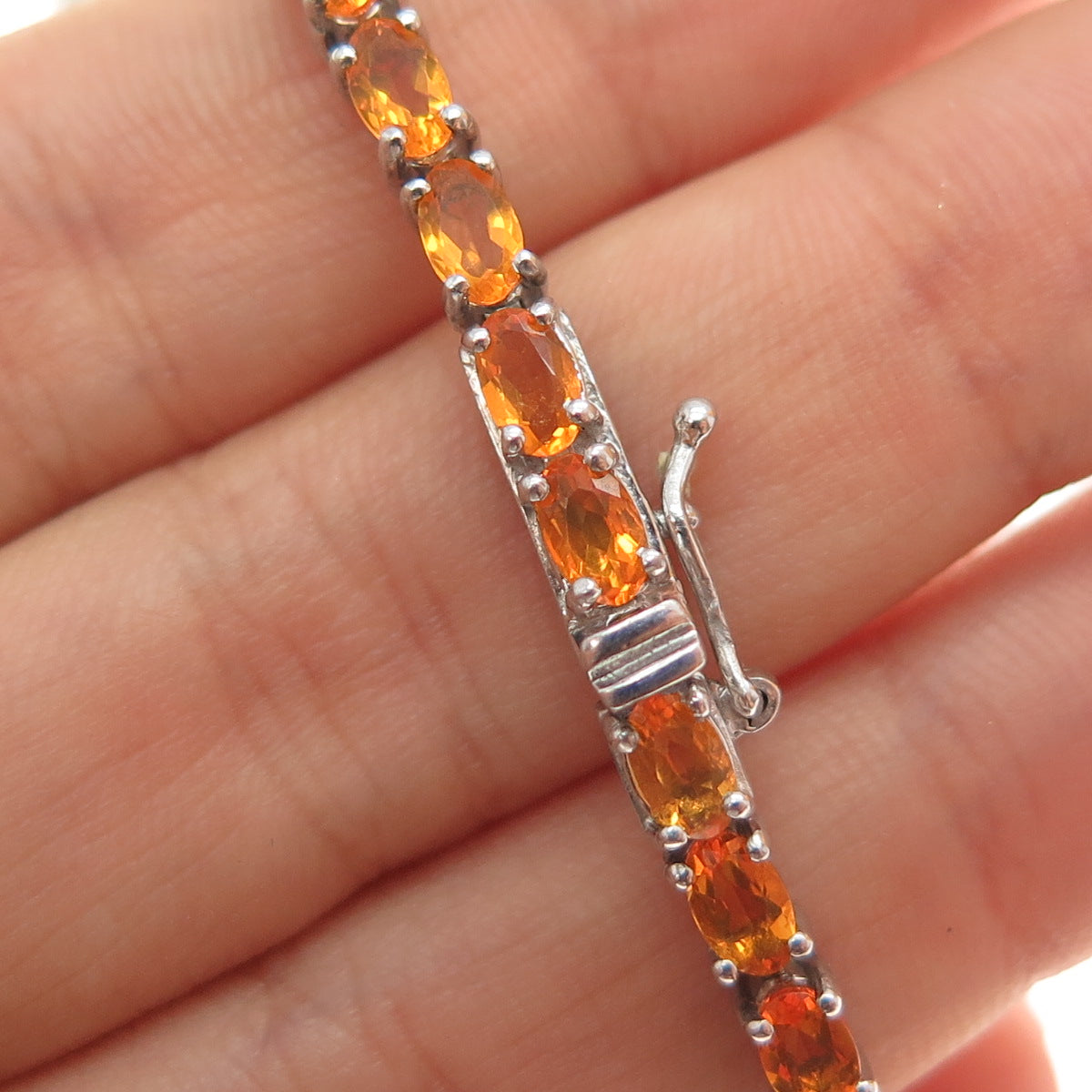 CHUCK CLEMENCY 925 Sterling Silver Real Fire Opal Tennis Link Bracelet 8"