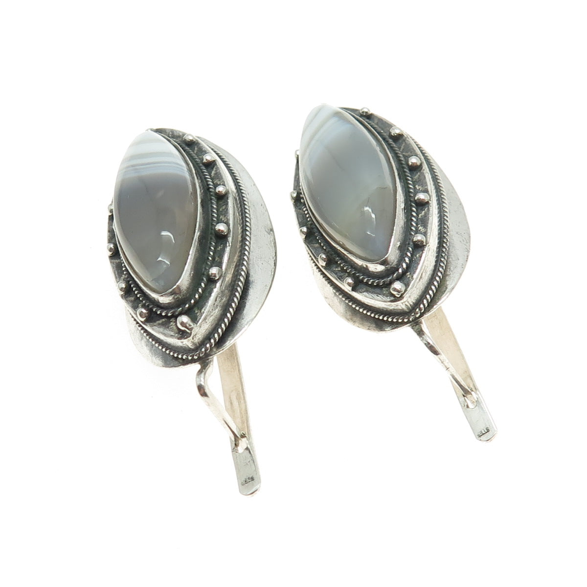 925 Sterling Silver Vintage Real Marquise-Cut Agate Modernist Oxidized Earrings