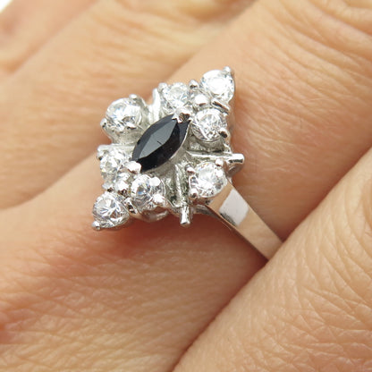 925 Sterling Silver Real Marquise-Cut Sapphire & Round C Z Ring Size 7.25
