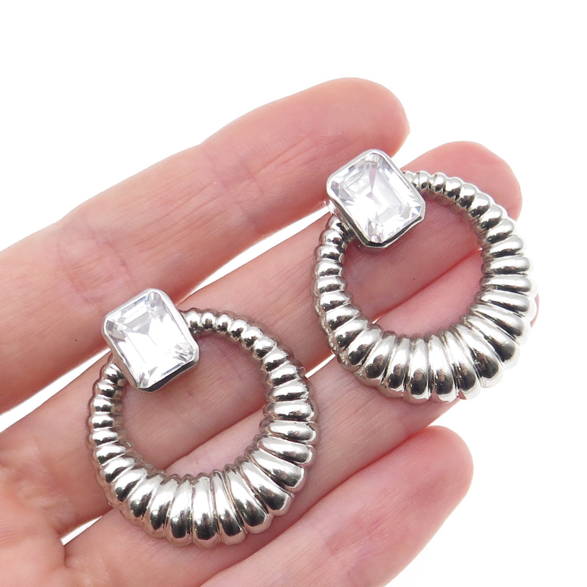 925 Sterling Silver Vintage Emerald-Cut C Z Door Knocker Oxidized Earrings