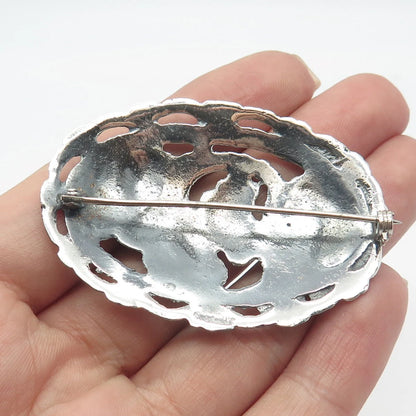 925 Sterling Silver Vintage Ornate Oval Pin Brooch