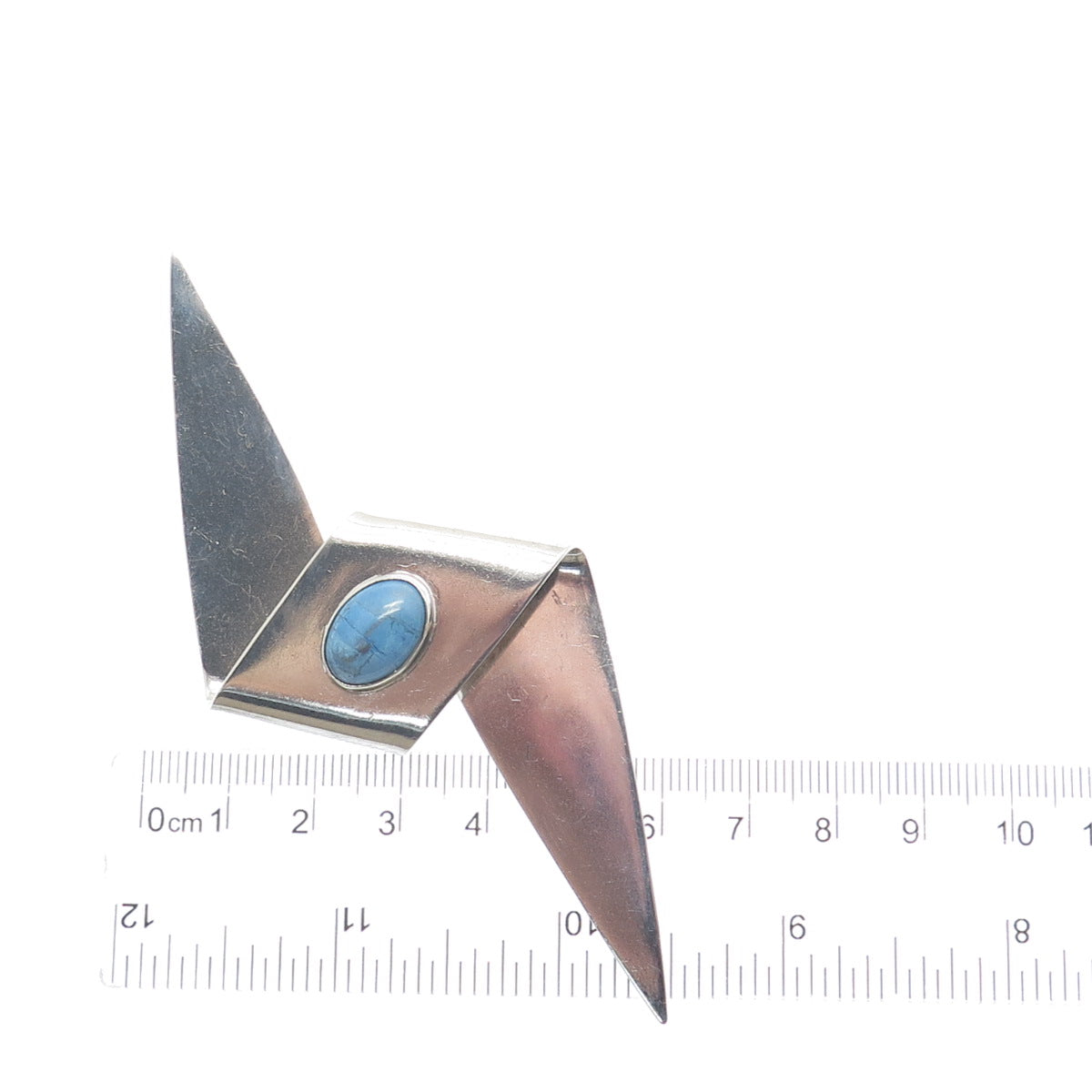 925 Sterling Silver Vintage Mexico Real Sky Blue Turquoise Modernist Pin Brooch