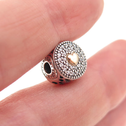 Pandora 925 Sterling Silver & Gold C Z Essence Affection Heart Slide Bead Charm
