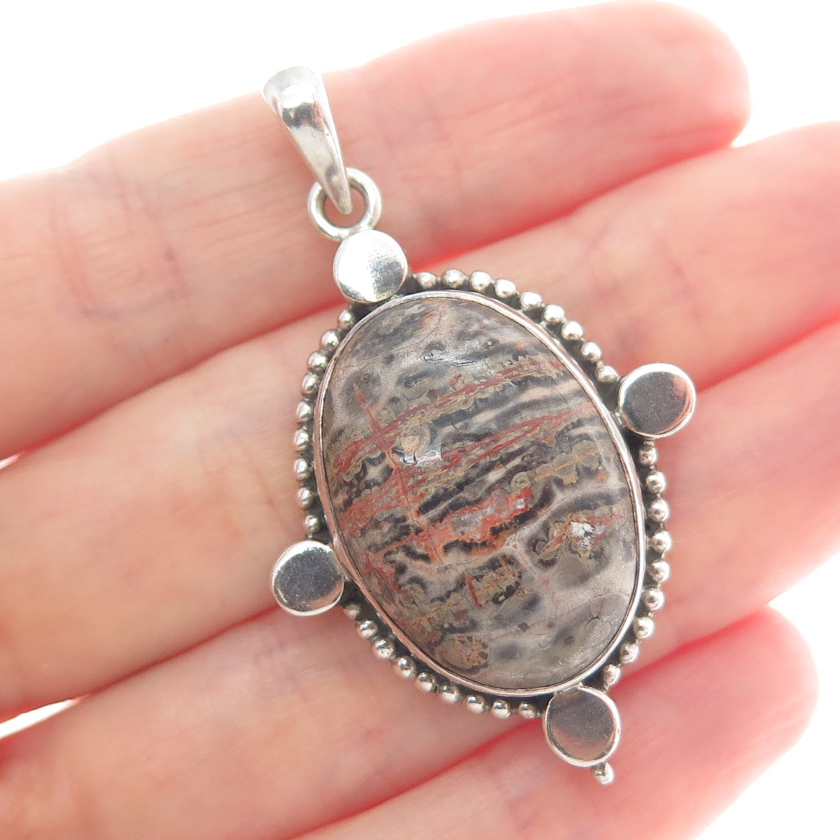 DOUG PAULUS 925 Sterling Silver Vintage Leopard Skin Jasper Granulated Pendant