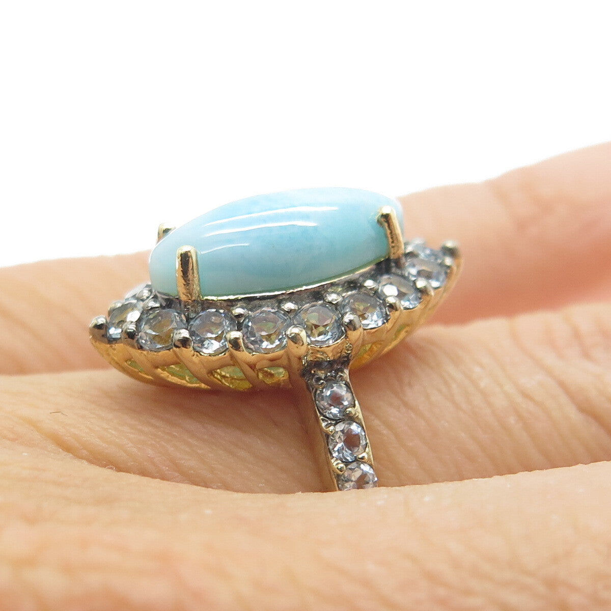925 Sterling Silver Gold Plated Marquise-Cut Larimar Blue Topaz Gem Ring Size 5