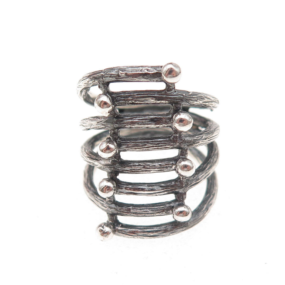 925 Sterling Silver Vintage Modernist 8-Row Oxidized Ring Size 7