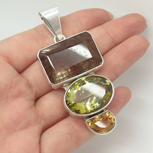 OBSIDIAN Sterling Silver Vintage Real Rutilated Quartz & 2-Color Citrine Pendant