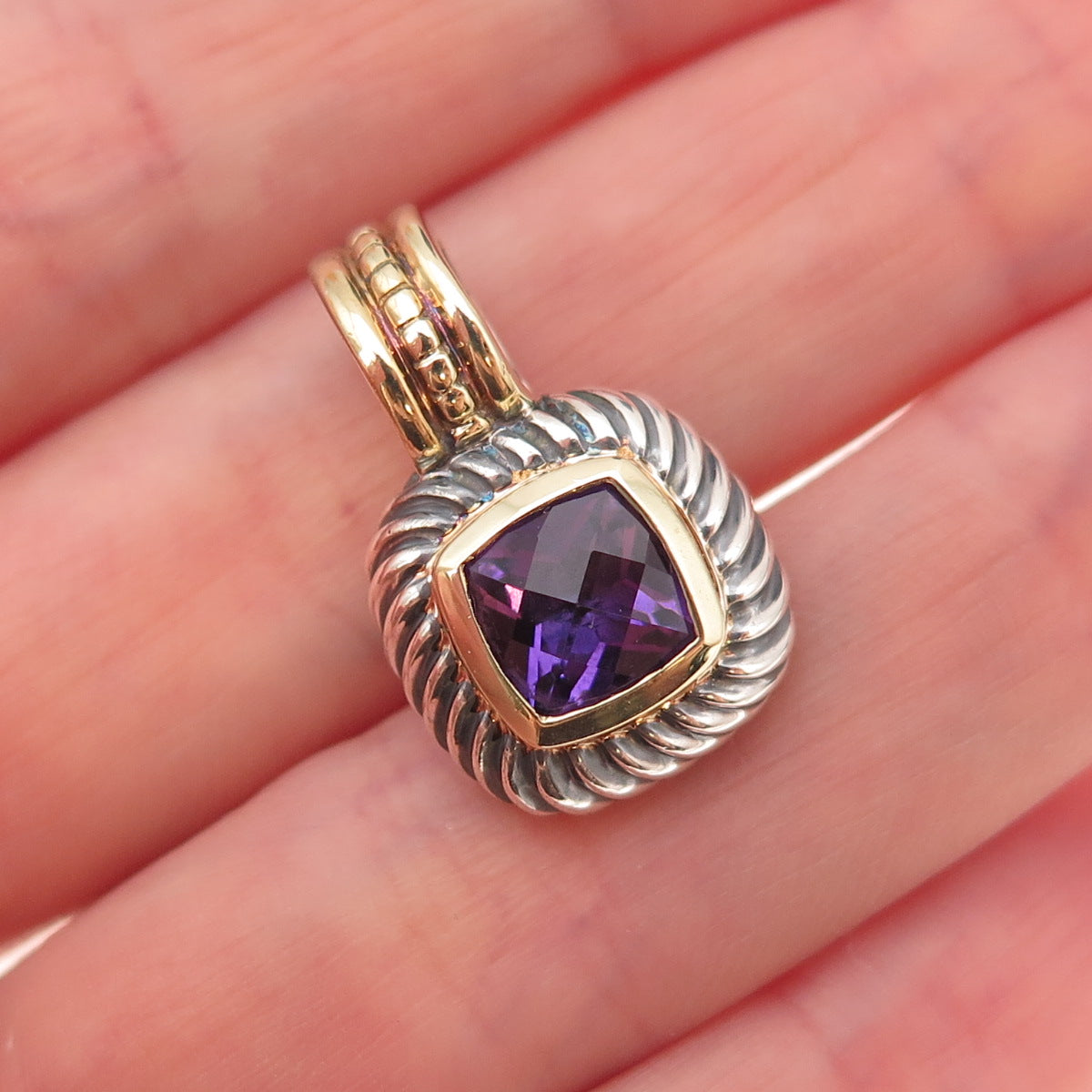 David Yurman 925 Sterling Silver 14K Gold Vintage Real Amethyst Charm Pendant