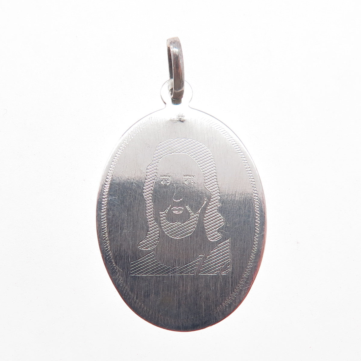925 Sterling Silver Vintage Engraved Jesus Oval Tag Charm Pendant