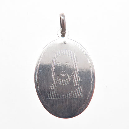 925 Sterling Silver Vintage Engraved Jesus Oval Tag Charm Pendant