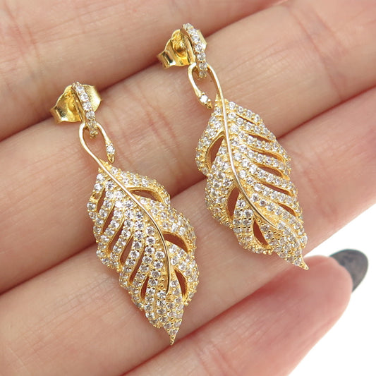 925 Sterling Silver Gold Plated Round-Cut C Z Feather Dangling Earrings