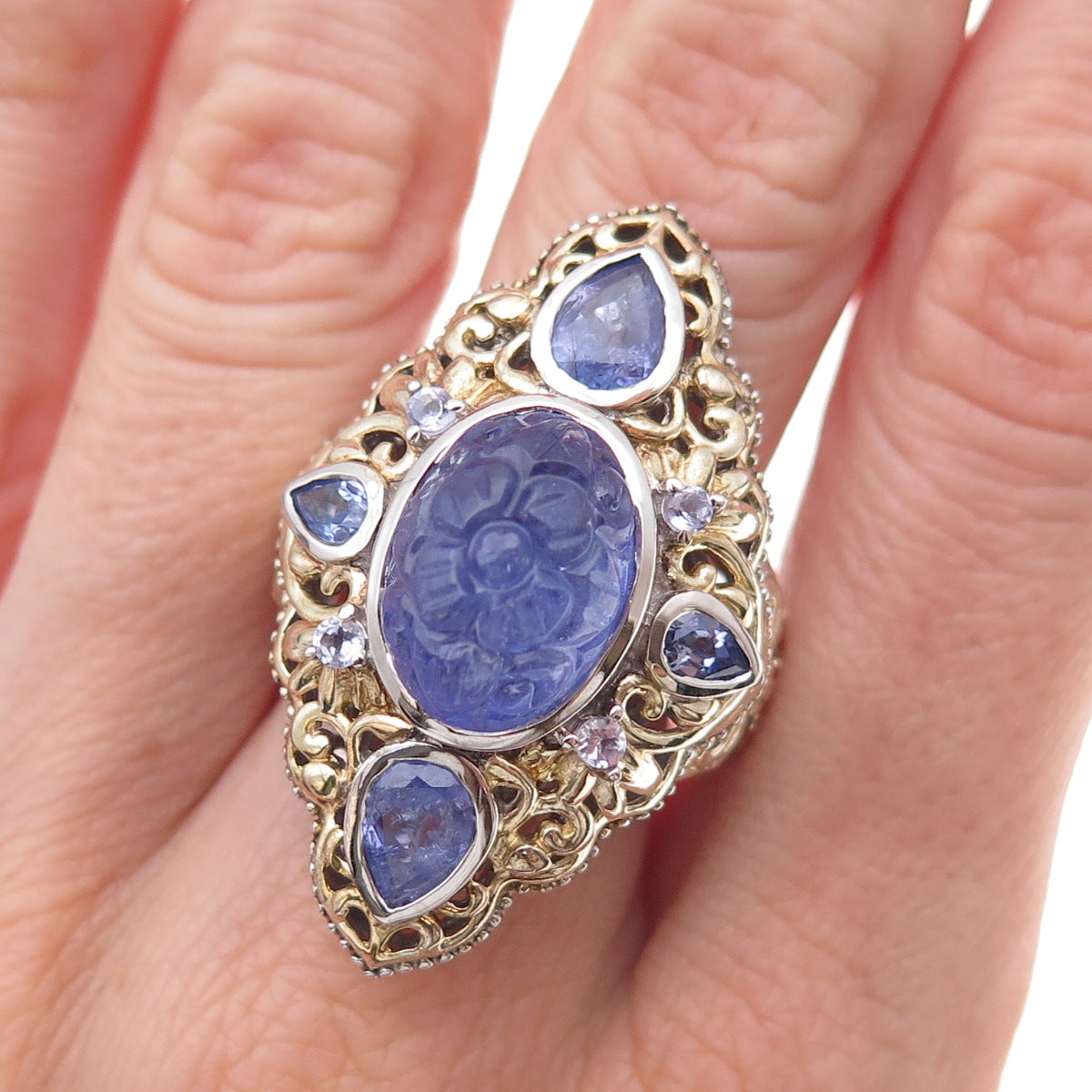 925 Sterling Silver 2-Tone Real Tanzanite Carved Floral Ring Size 8.25