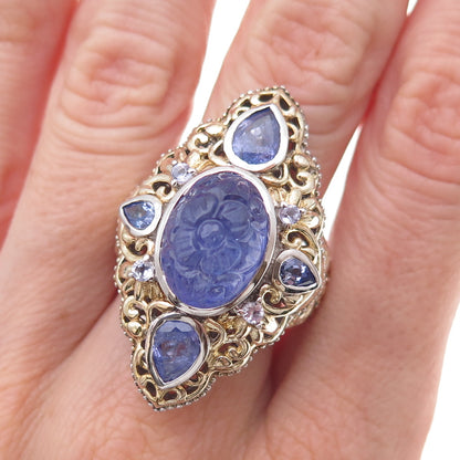 925 Sterling Silver 2-Tone Real Tanzanite Carved Floral Ring Size 8.25