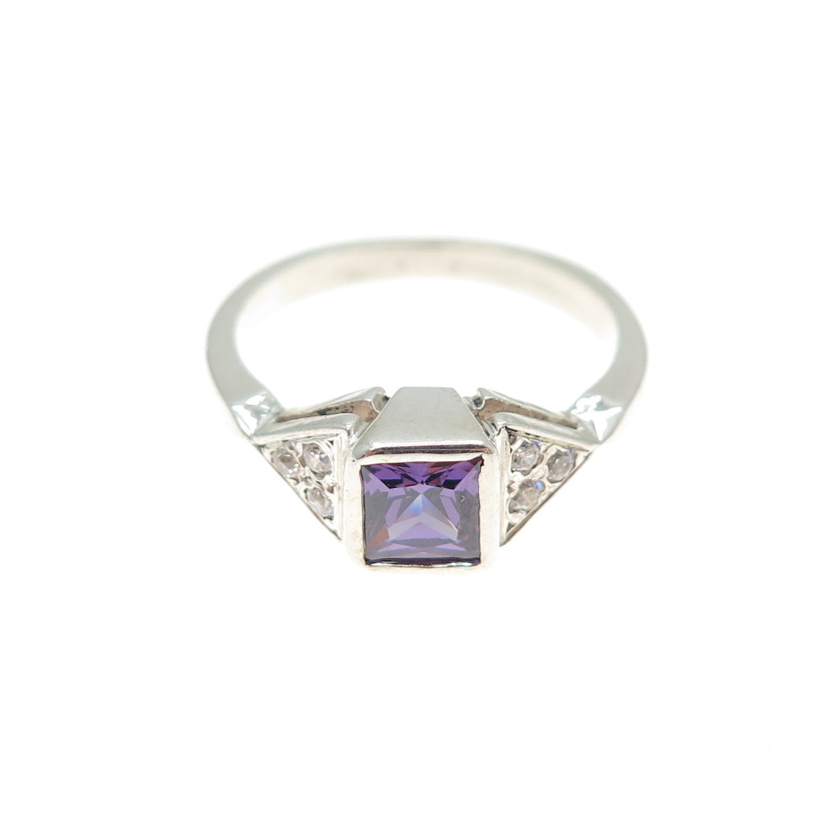 925 Sterling Silver Vintage Princess-Cut Purple Round-Cut White C Z Ring Size 6
