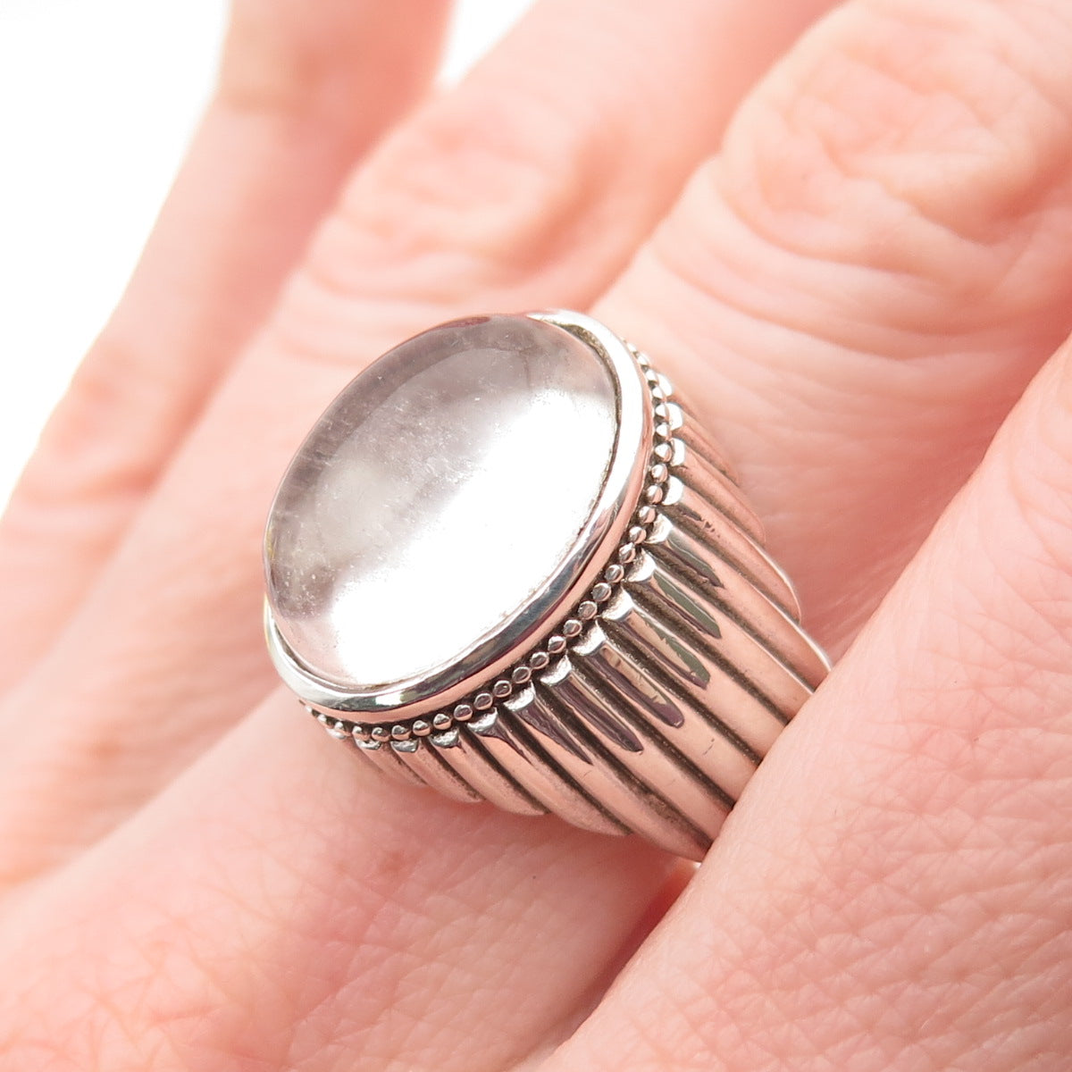 925 Sterling Silver Vintage Real Clear Quartz Modernist Oxidized Ring Size 9.75