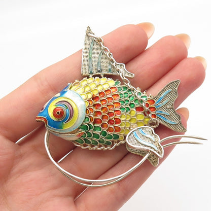 925 Sterling Silver Antique Enamel Articulated Chinese Koi Fish Chatelaine Fob