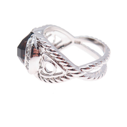 925 Sterling Silver Real Smoky Quartz & C Z Crisscross Ring Size 7