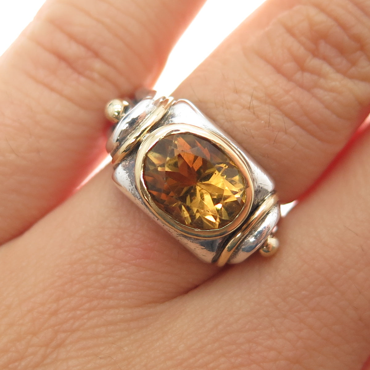 925 Sterling Silver 18K Gold Vintage Real Citrine Oxidized Ring Size 6.25