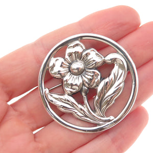925 Sterling Silver Vintage Floral Oxidized Pin Brooch